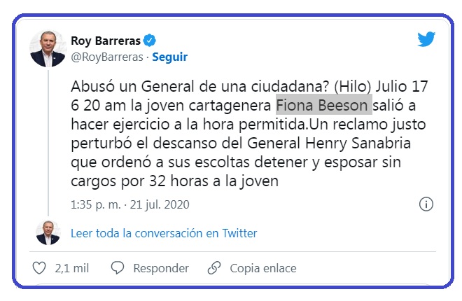 Twitter de Roy Barreras.